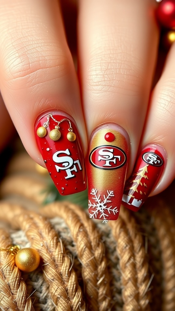 Christmas-themed nail art with 49ers logo, snowflakes, and Christmas trees in red and gold colors.